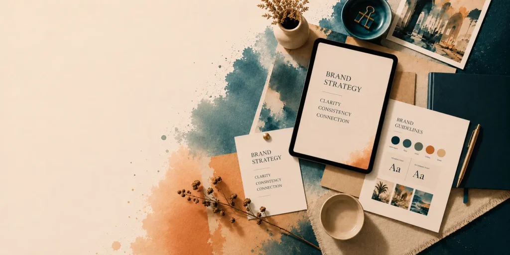 Editorial flat lay of branding and marketing materials for Amply
